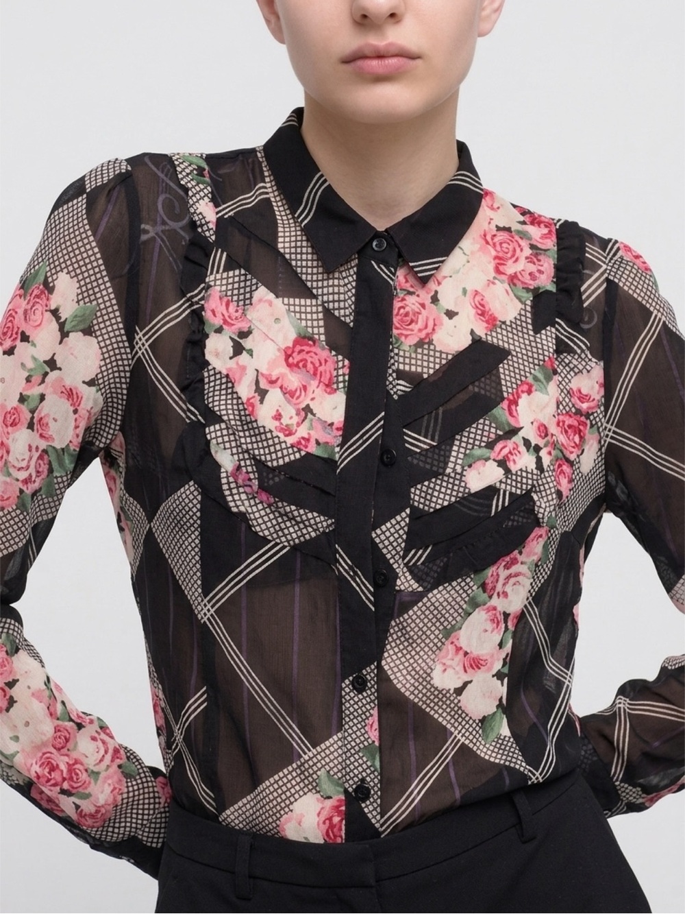 Kenzo Black Sheer Floral Button-Down Blouse with Pink Roses